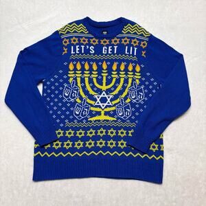 Let's Get Lit Hanukkah Menorah Dreidels Ugly Christmas Sweater Mens Size L